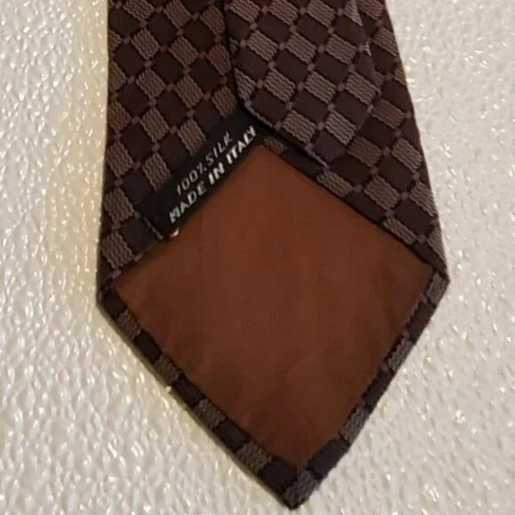 Brown & Beige Checkered 100% Silk Tie - Picture 3 of 4